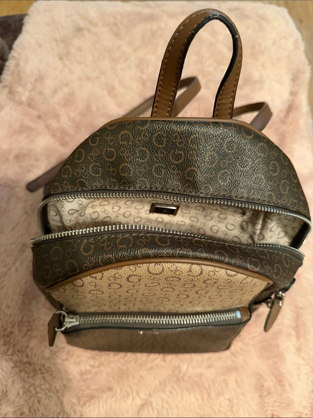 GUESS Brown Monogram Mini Backpack - Brown